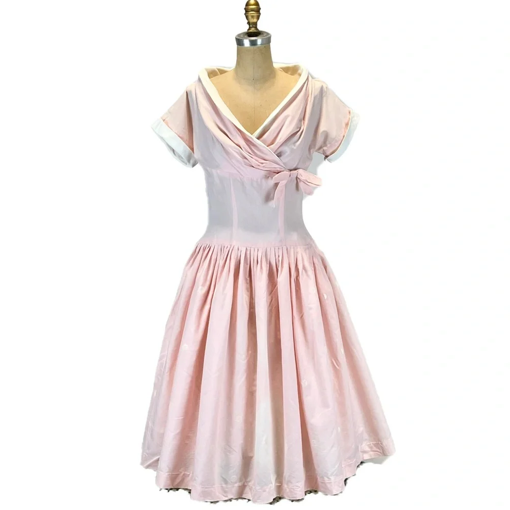 VINTAGE 50s MCM sailor nautical dress fit flare pastel pink midi Tailored Junior - Picture 3 of 14